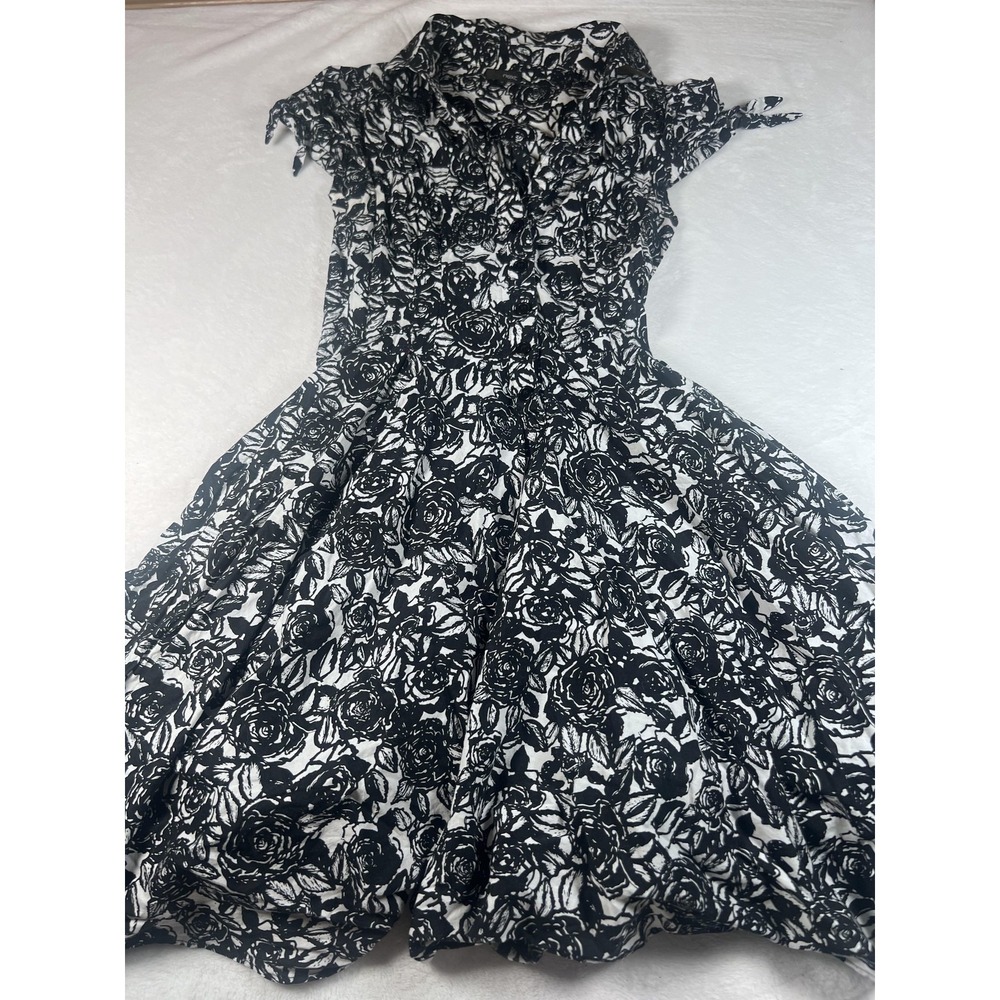 Next Dress Womens 10 Black Floral Collared Button Fit & Flare Short Sleeve